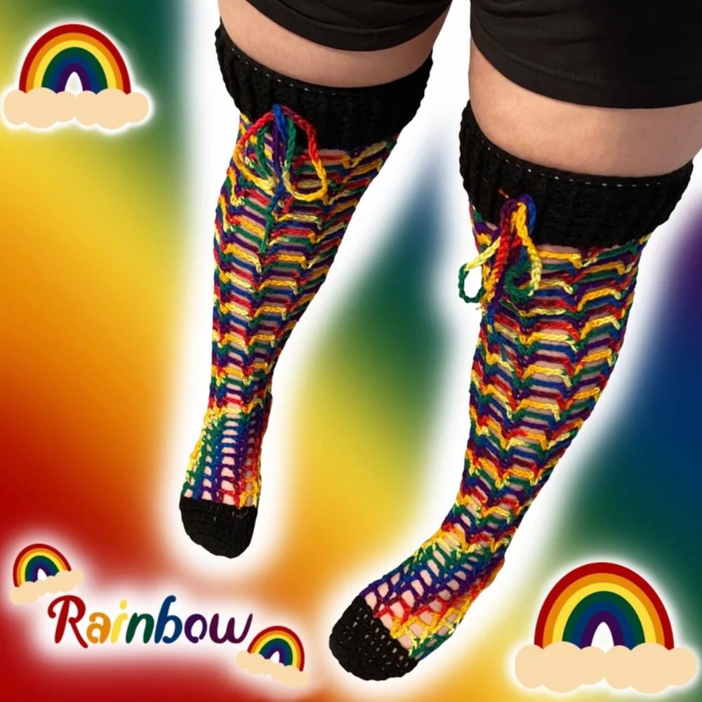 Rainbow Thigh High Fishnet Stockings